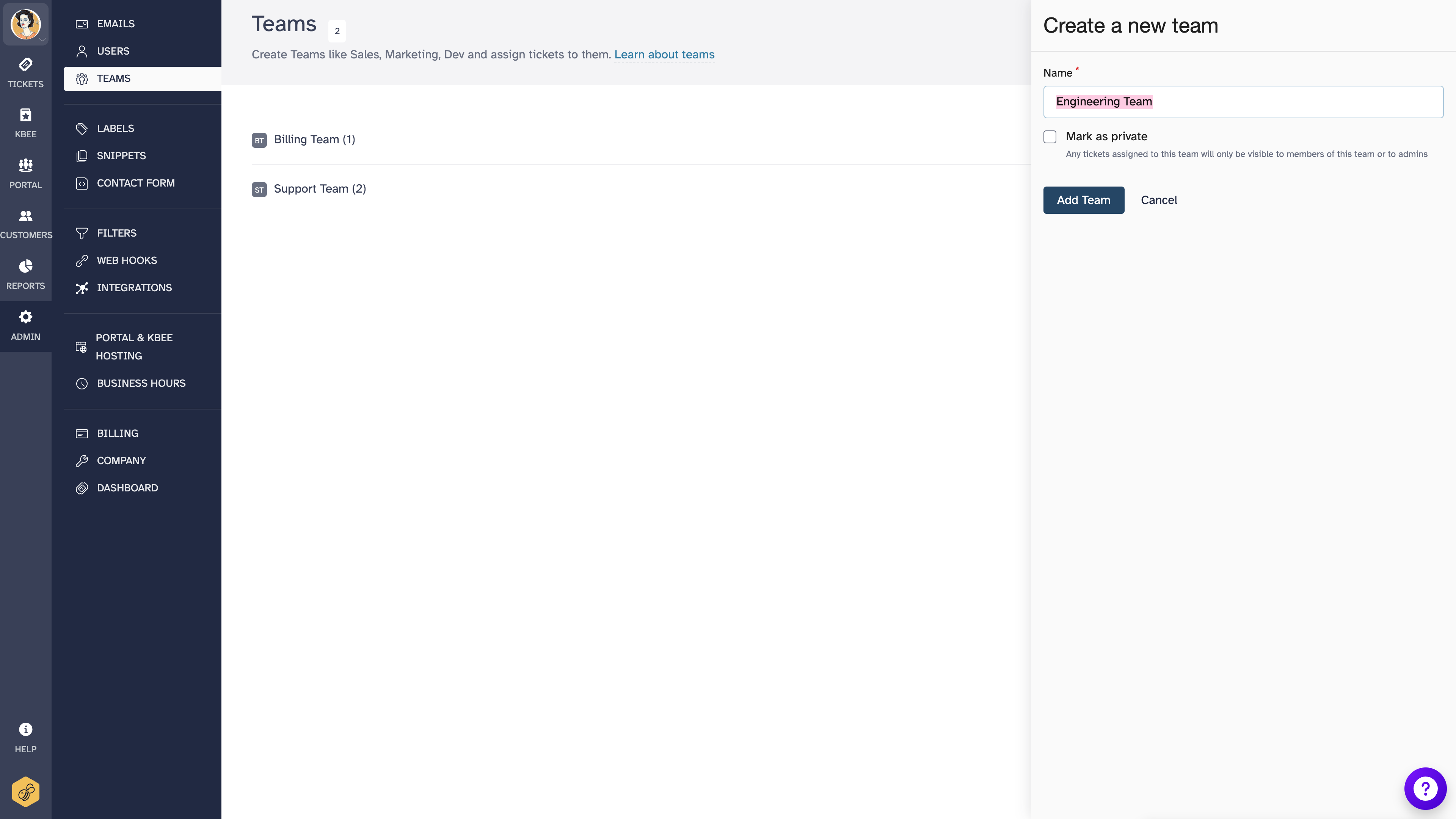 Add team form filled
