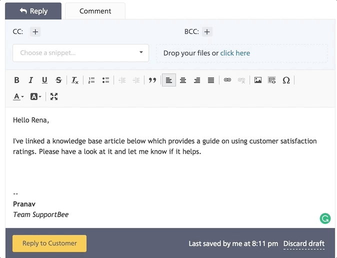 Easily link to knowledge base articles with snippets